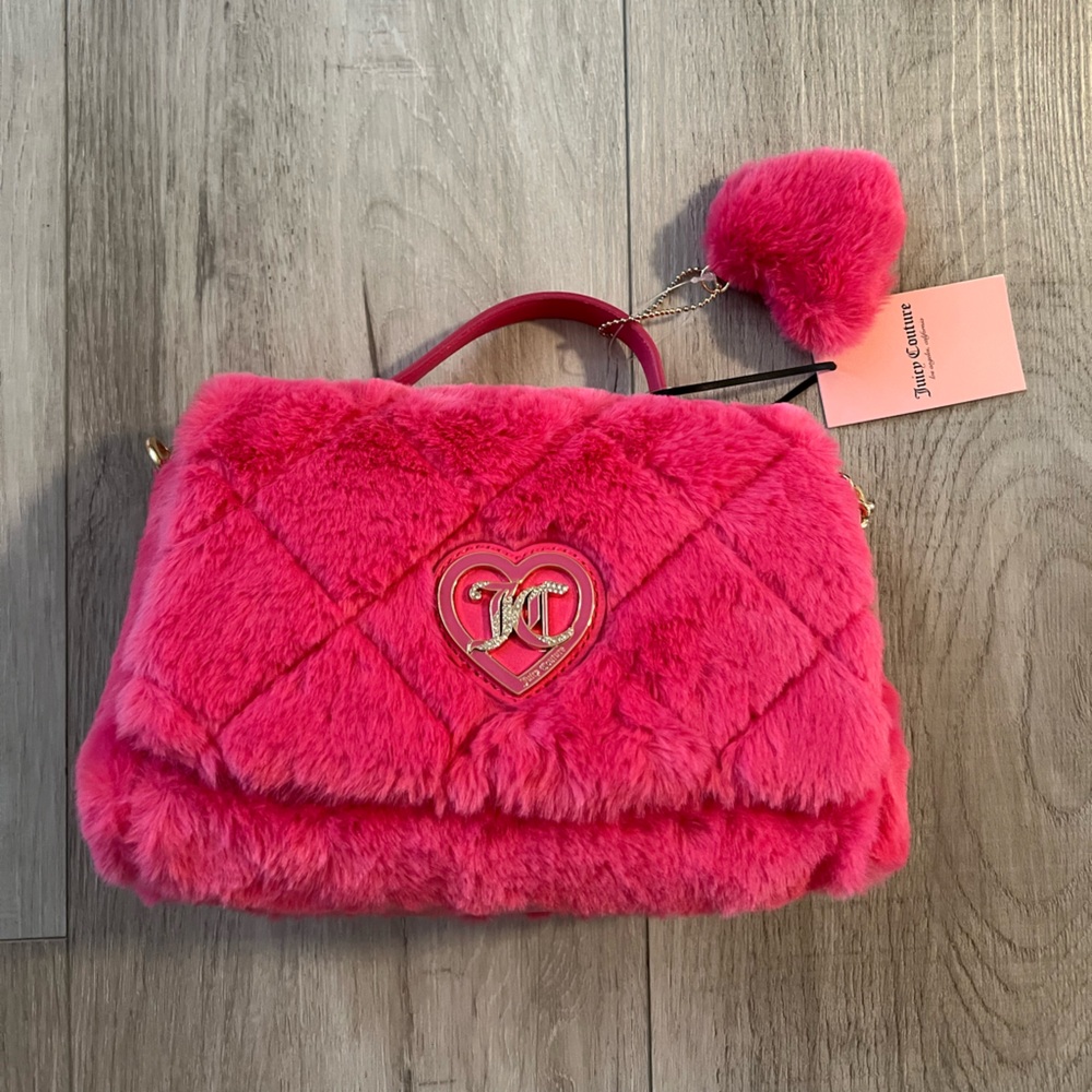 Juicy Couture Lets Get Cozy Flap Shoulder Bag Pink Faux Fur Handbag